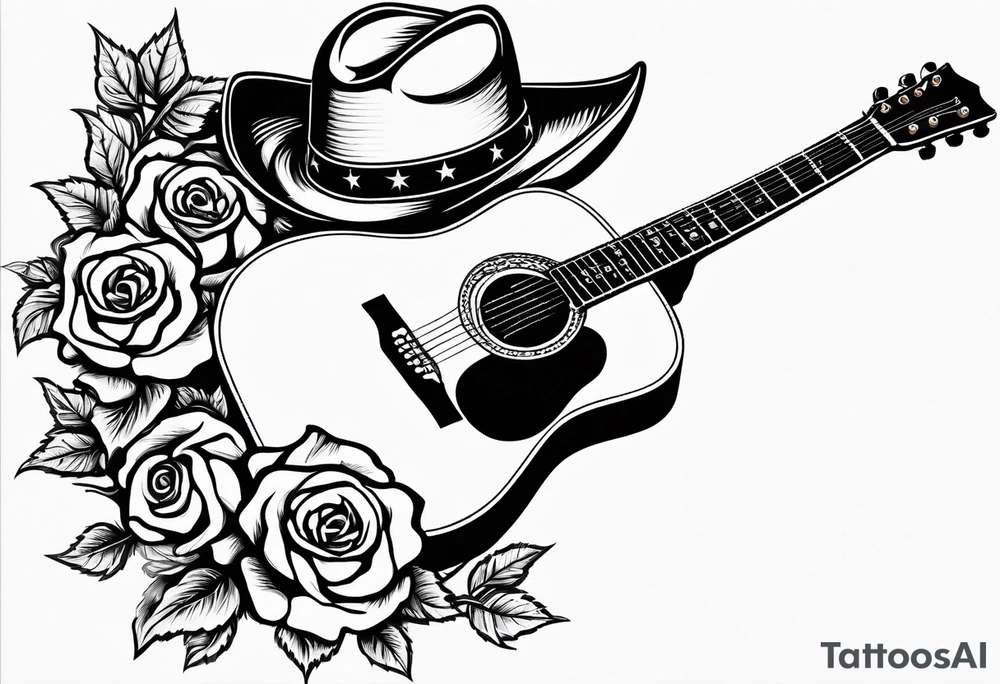Country acoustic guitar with cowboy hat, barbed wire and roses in background tattoo idea