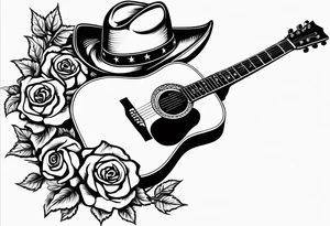 Country acoustic guitar with cowboy hat, barbed wire and roses in background tattoo idea