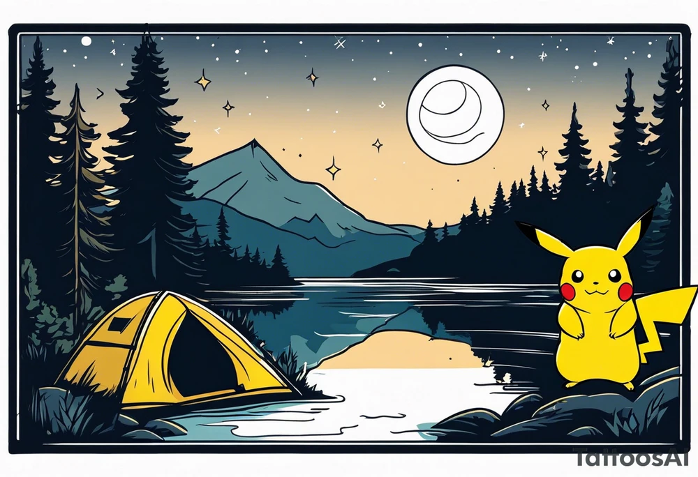Framed forest scene at night. Pikachu camping near river tattoo idea