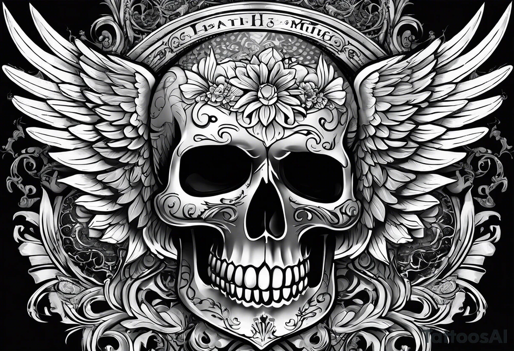 Mexican Tattooed skull with angel wings. Name Leah written under in gothic letters. tattoo idea