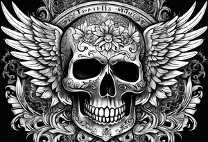 Mexican Tattooed skull with angel wings. Name Leah written under in gothic letters. tattoo idea