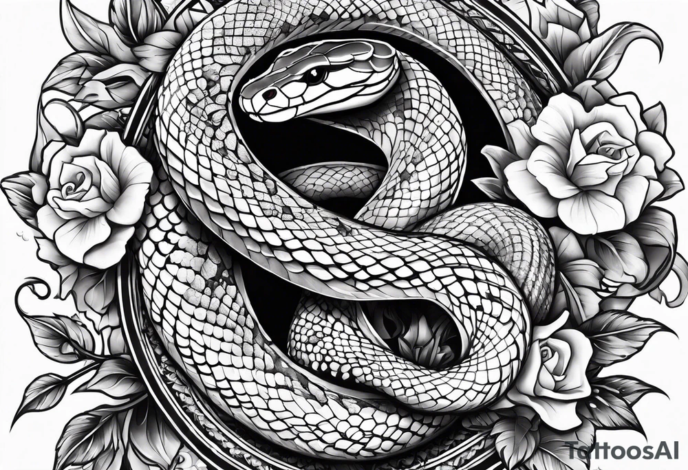 Snake with cross and flowers tattoo idea