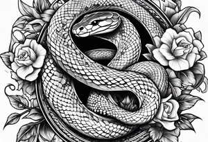 Snake with cross and flowers tattoo idea