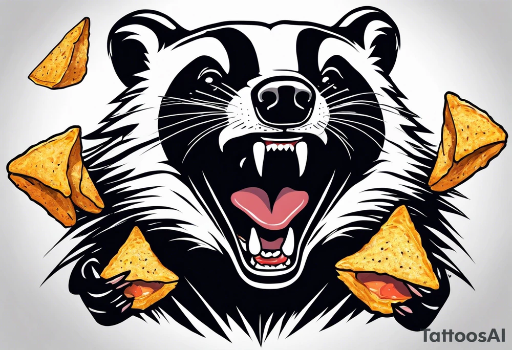 Angry badger with mouth open holding Doritos tattoo idea