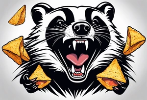 Angry badger with mouth open holding Doritos tattoo idea