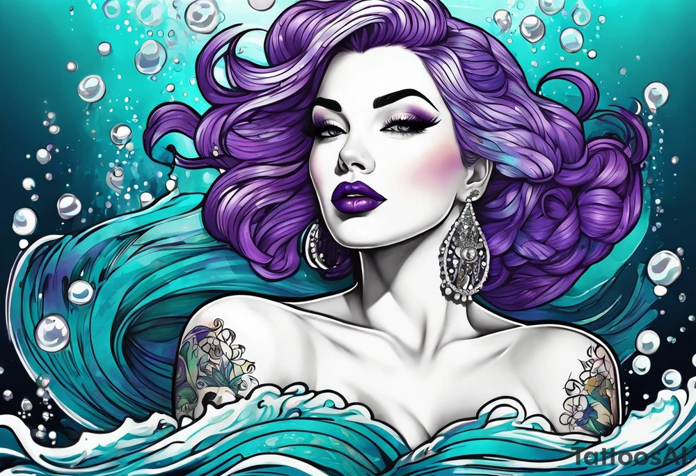 Pinup woman with purple and teal cooled hair underwater tattoo idea