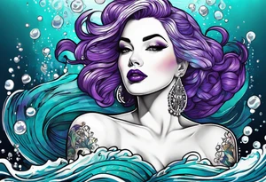 Pinup woman with purple and teal cooled hair underwater tattoo idea