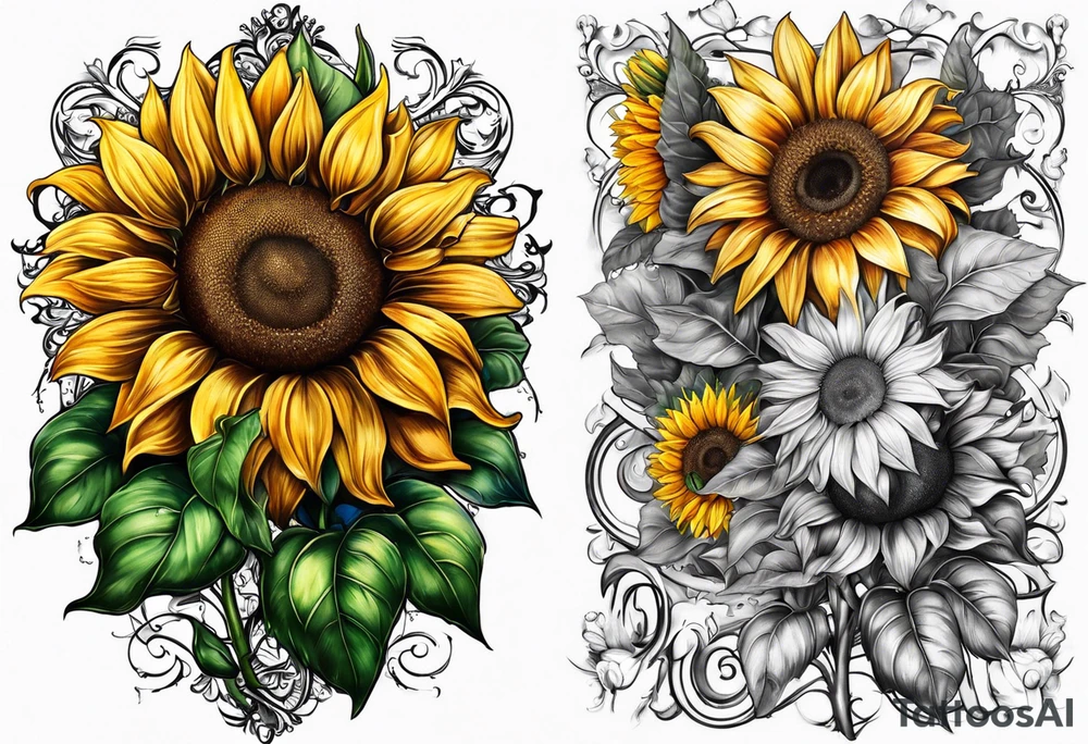 Sleeve with Roman numeral and sunflowers tattoo idea