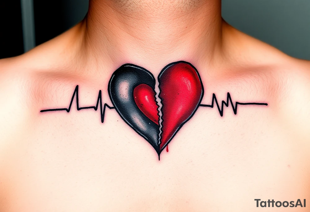 A heartbeat line surrounding a broken heart, painted in black and gray with a vibrant red center, symbolizing pain and recovery. tattoo idea