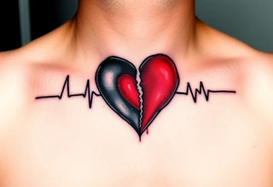 A heartbeat line surrounding a broken heart, painted in black and gray with a vibrant red center, symbolizing pain and recovery. tattoo idea