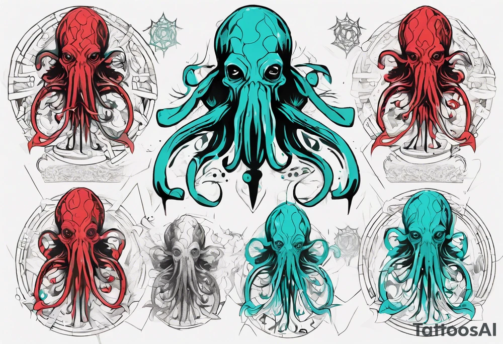 cthulhu, H. P. Lovecraft, old ritual, in the style of abstract portraits, textured pigment planes, red and cyan, stencil art tattoo idea