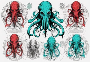 cthulhu, H. P. Lovecraft, old ritual, in the style of abstract portraits, textured pigment planes, red and cyan, stencil art tattoo idea
