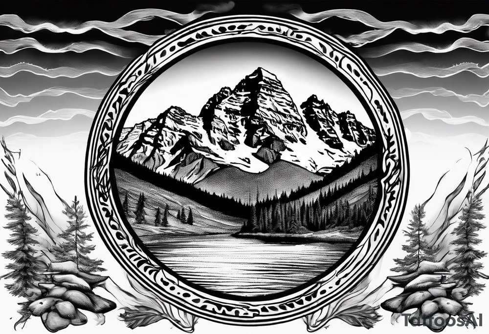 On the top will be the maroon bells mountains. In the middle will be "Keep Chuggin" in cursive writing. On the bottom will be a rough ocean with waves and whitecaps tattoo idea On the top will be the maroon bells mountains. In the middle will be "Keep Chuggin" in cursive writing. On the bottom will be a rough ocean with waves and whitecaps tattoo idea