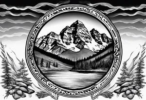 On the top will be the maroon bells mountains. In the middle will be "Keep Chuggin" in cursive writing. On the bottom will be a rough ocean with waves and whitecaps tattoo idea