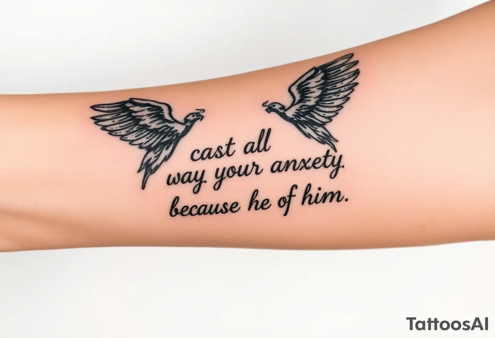cast all your anxiety on him because he cares for you" with angels tattoo idea