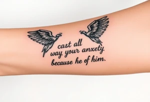 cast all your anxiety on him because he cares for you" with angels tattoo idea