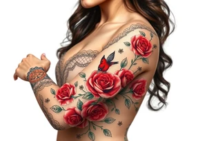 Vintage dollies, red roses, lace, red bird, no people, vintage tattoo idea