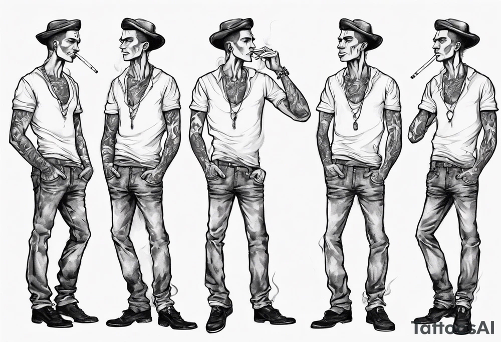 one full-length man with earrings in his ears standing there smoking a cigarette. tattoo idea