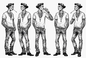 one full-length man with earrings in his ears standing there smoking a cigarette. tattoo idea