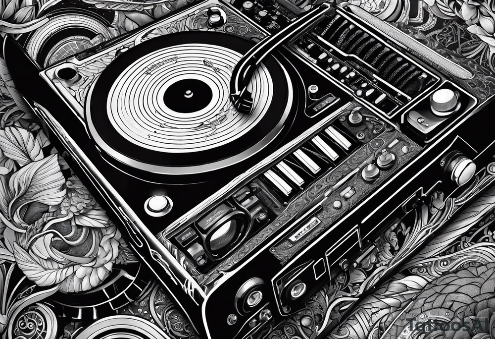 Lines and cables weave and interconnect keyboards, drums, guitars, speakers, headphones, and cassette tapes. tattoo idea