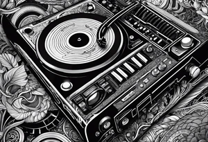 Lines and cables weave and interconnect keyboards, drums, guitars, speakers, headphones, and cassette tapes. tattoo idea