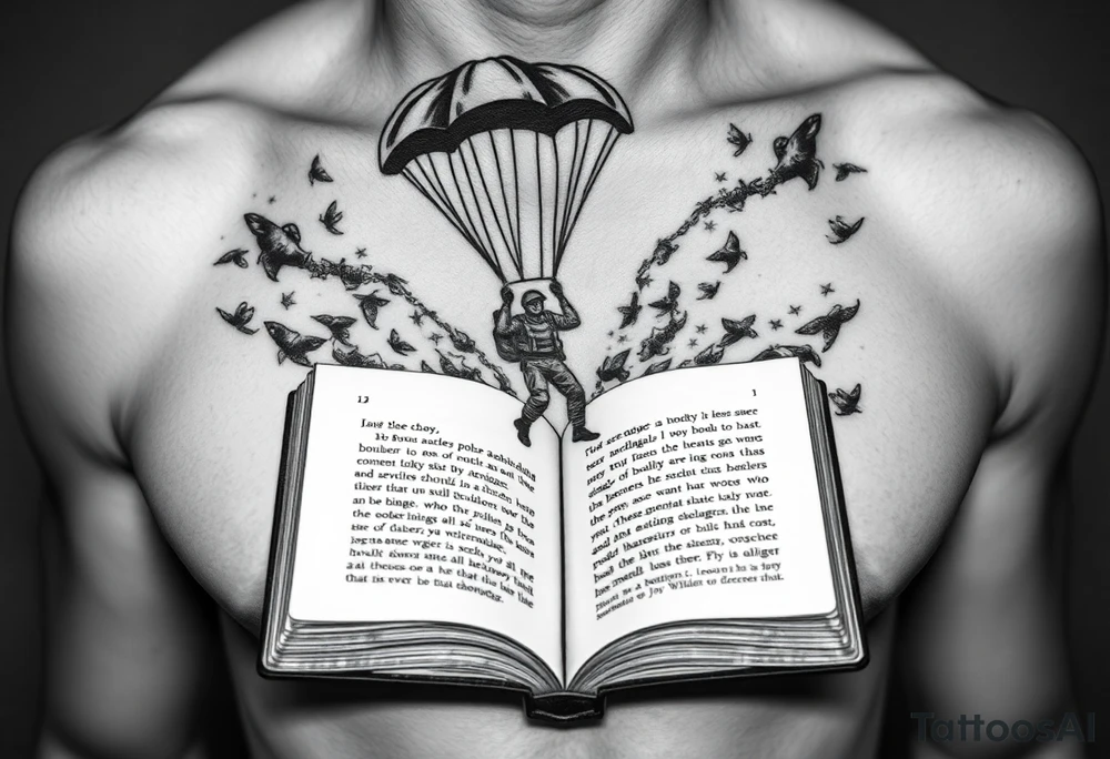 A parachuting soldier landing into an open book. Chaos surrounding, but a sense of security inside the book. On the chest. book contains a quote tattoo idea