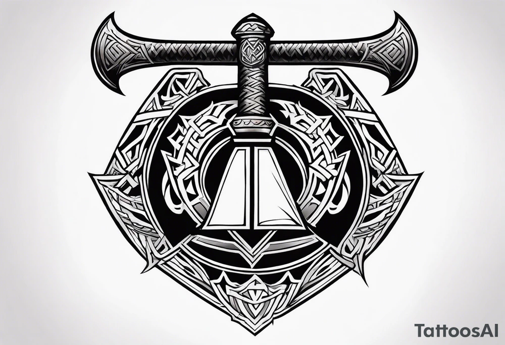 Valhalla sword 
shield axe Valknut mist tattoo idea