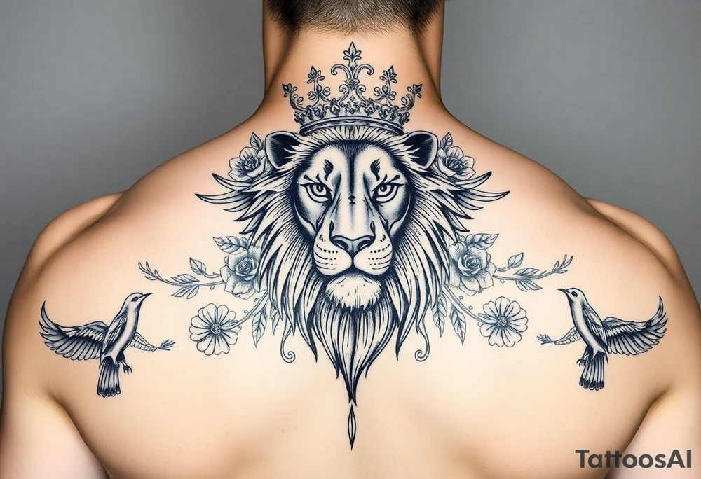 powerful majestic lion with a crown, surrounded by floral ornaments and birds tattoo idea