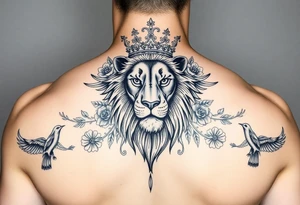 powerful majestic lion with a crown, surrounded by floral ornaments and birds tattoo idea