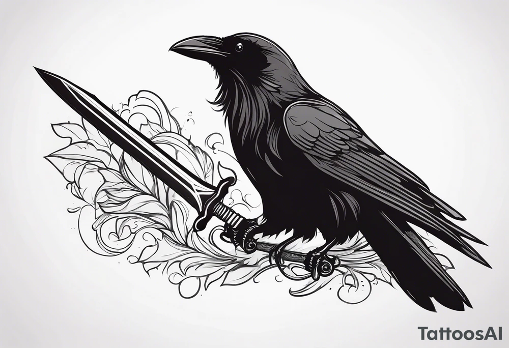 a black raven with a sword in its mouth facing left tattoo idea