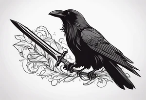 a black raven with a sword in its mouth facing left tattoo idea