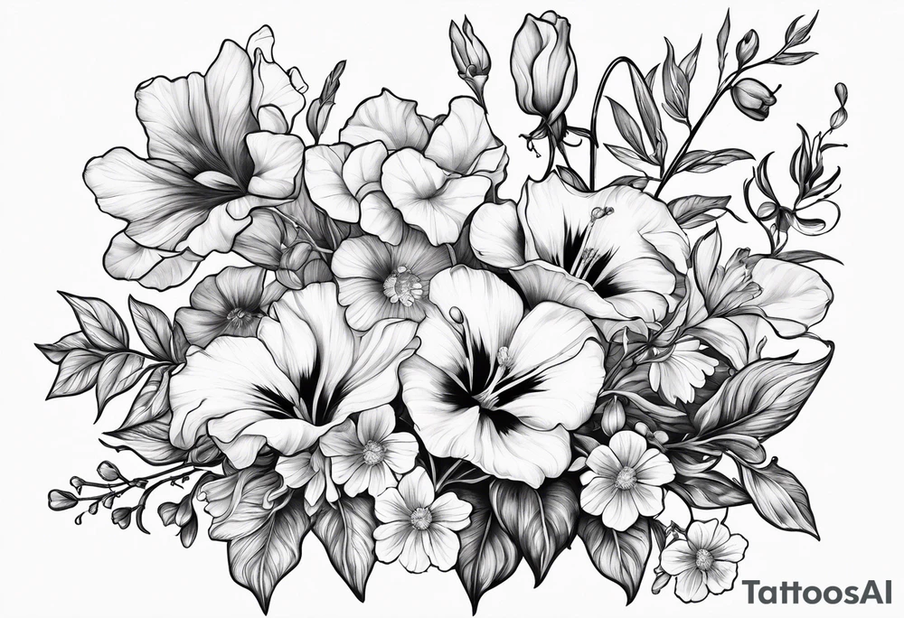 a vertical flower bouquet including sweet pea, larkspur, morning glory and cosmos tattoo idea