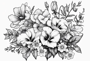 a vertical flower bouquet including sweet pea, larkspur, morning glory and cosmos tattoo idea