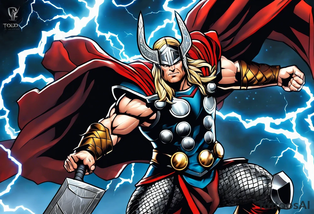 The Mighty Thor  with lightning in the background tattoo idea