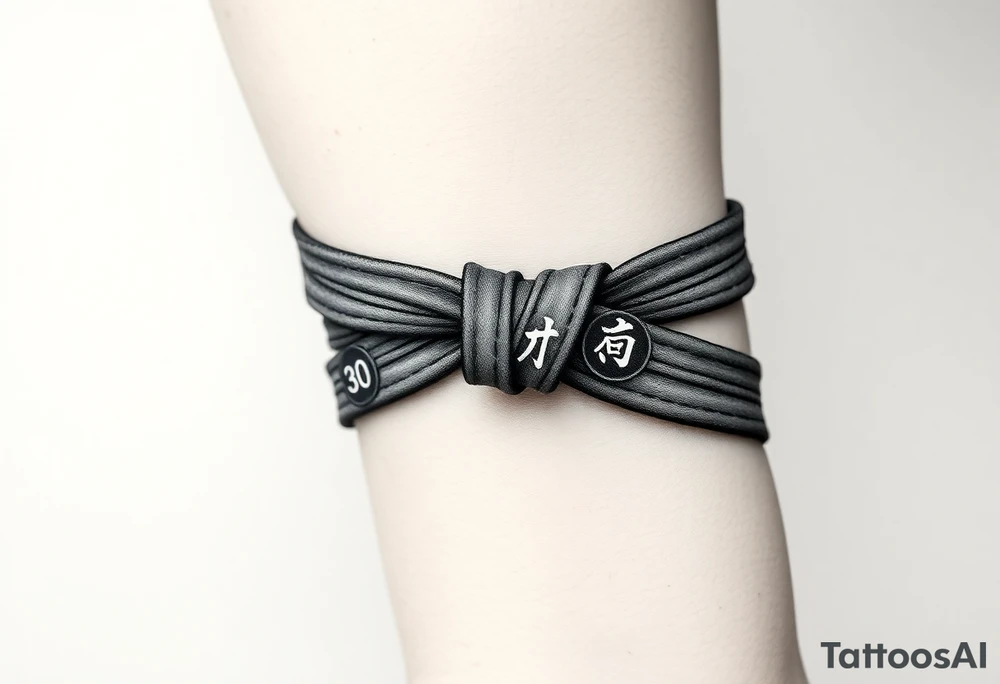 A realistic black and gray tattoo of a Brazilian Jiu-Jitsu black belt wrapping around the wrist like a bracelet. The belt is tied in a knot with one end showing the number 30 and the other showing 24. On the flat end of the belt, two Japanese kanji characters are inked in white: 成長 (growth) and 忍耐 (perseverance). The belt has subtle stitch marks and worn, textured shading for a slightly distressed, authentic look. tattoo idea