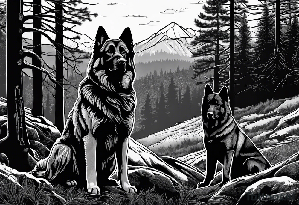 two norwegian elkhounds guarding a dark forest against a bear tattoo idea