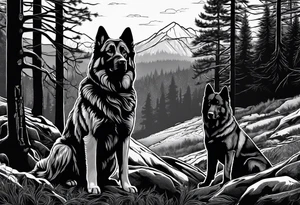 two norwegian elkhounds guarding a dark forest against a bear tattoo idea