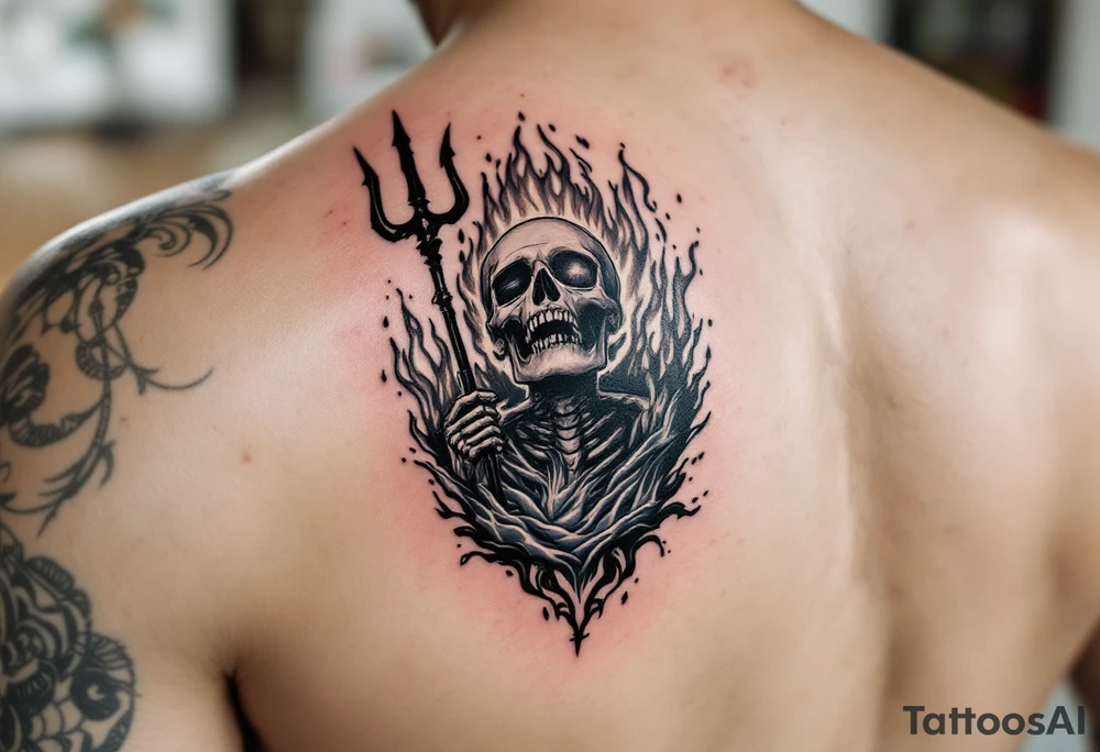 laughing skeleton with a trident, surrounded by fire and water tattoo idea