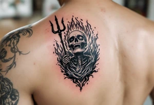 laughing skeleton with a trident, surrounded by fire and water tattoo idea
