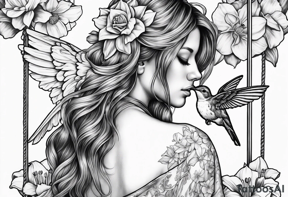 sad angel on swing from behind with head down and face covered by her hair surrounded by lily, daffodil, rose, daisy, narcissus holding a hummingbird tattoo idea