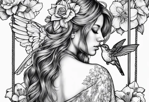sad angel on swing from behind with head down and face covered by her hair surrounded by lily, daffodil, rose, daisy, narcissus holding a hummingbird tattoo idea