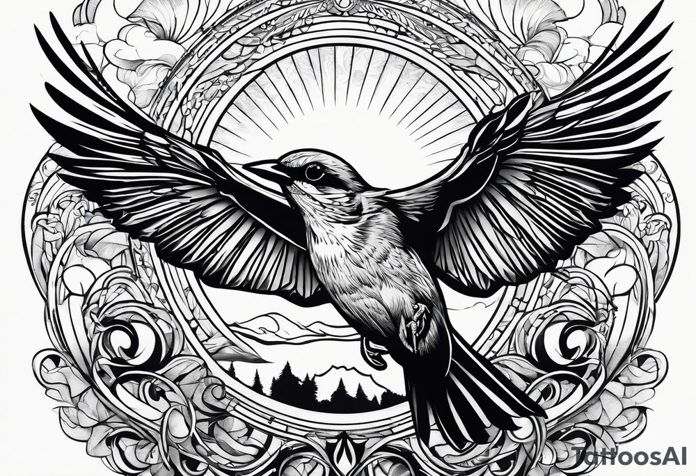 one flying 
sparrow, sunrays, tattoo idea
