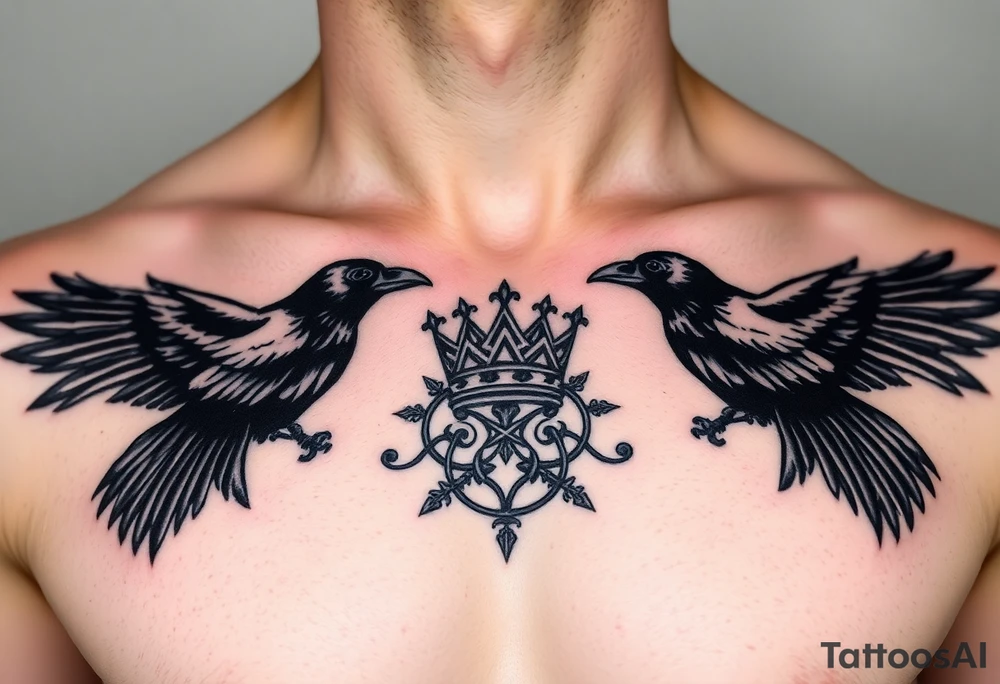 Chest tattoo, two ravens and icelandic symbols, dark brest tattoo, crown betwen ravens tattoo idea