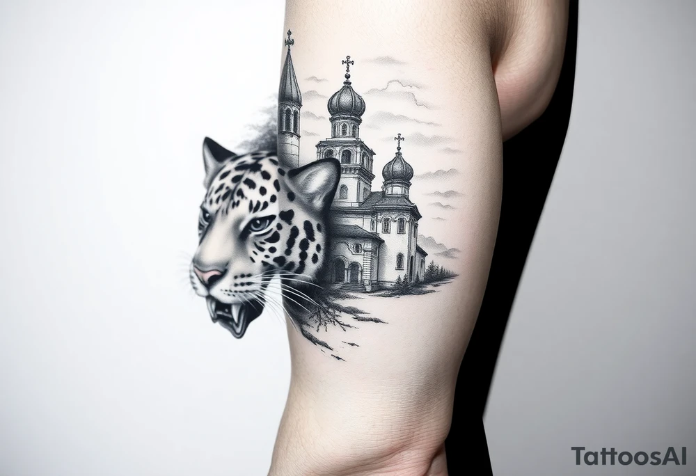 in a dorsal view of the hand and forearm a tiger face on the hand with black hollowed eyes, then above this a orthodox church shrouded with a mist and fading into a virgin mary overlooking tattoo idea