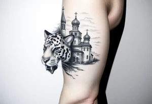in a dorsal view of the hand and forearm a tiger face on the hand with black hollowed eyes, then above this a orthodox church shrouded with a mist and fading into a virgin mary overlooking tattoo idea