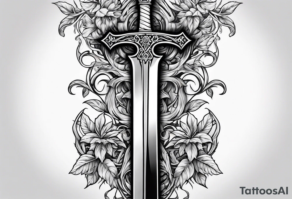 Leafy vines with sword tattoo idea