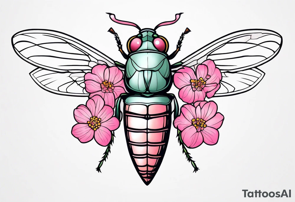Neo traditional Cicada and pink flower tattoo idea