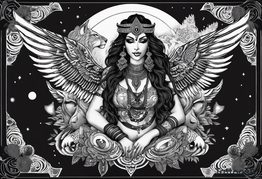 black kali, goddess pirate, alien, angel, pachamama, valkrye, warrior, flying, skull, lotus azul, wing, eagle, zenza resonance, stars, 5D, anahata chakra, death, durga, riding on a tiger, flying lady, kundalini, chest tatoo, samuri, rebel, serpent tattoo idea
