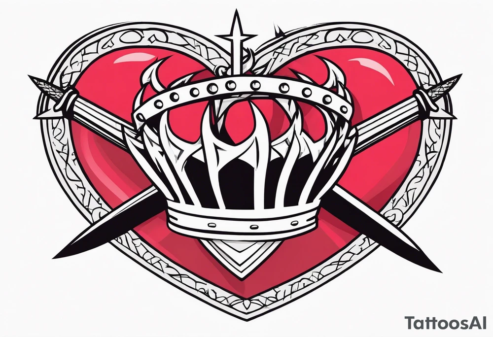 A simple design of a crown of thorns resting on the guard of a sword that is piercing a heart tattoo idea