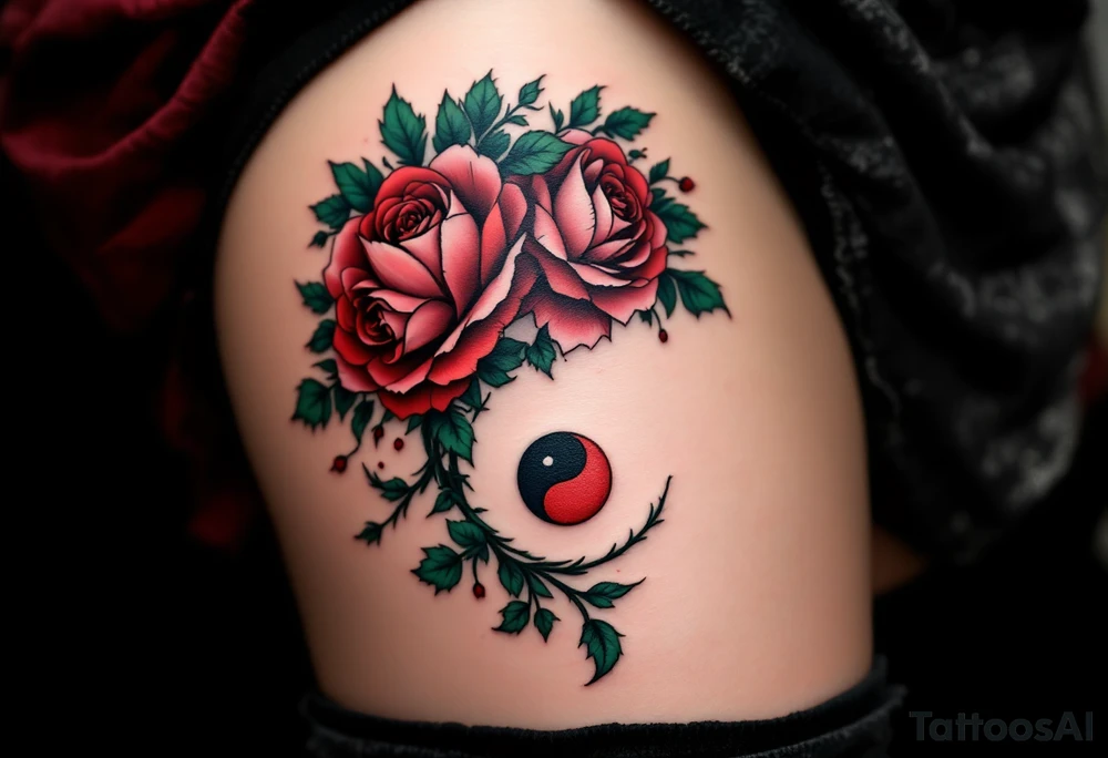 A yin-yang symbol formed from roses and ivy, using deep red, forest green, and soft pinks.
Placement: Shoulder blade or thigh. tattoo idea